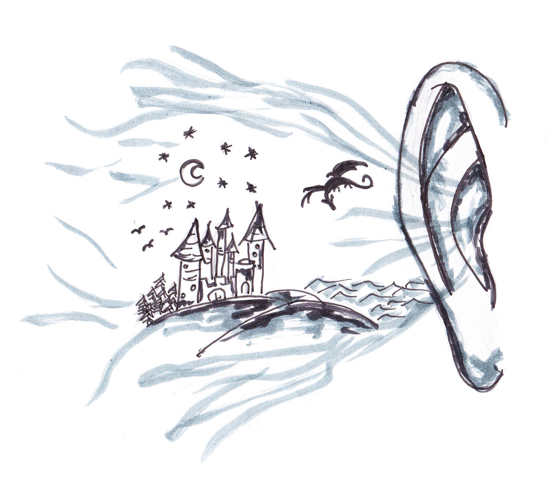 Die Graphik zeigt ein Ohr, das den Ausschnitt einer Fantasiewelt mit einem Schloss auf Hügeln, einem Sternenhimmel mit Halbmond und einem fliegenden Drachen wahrnimmt.